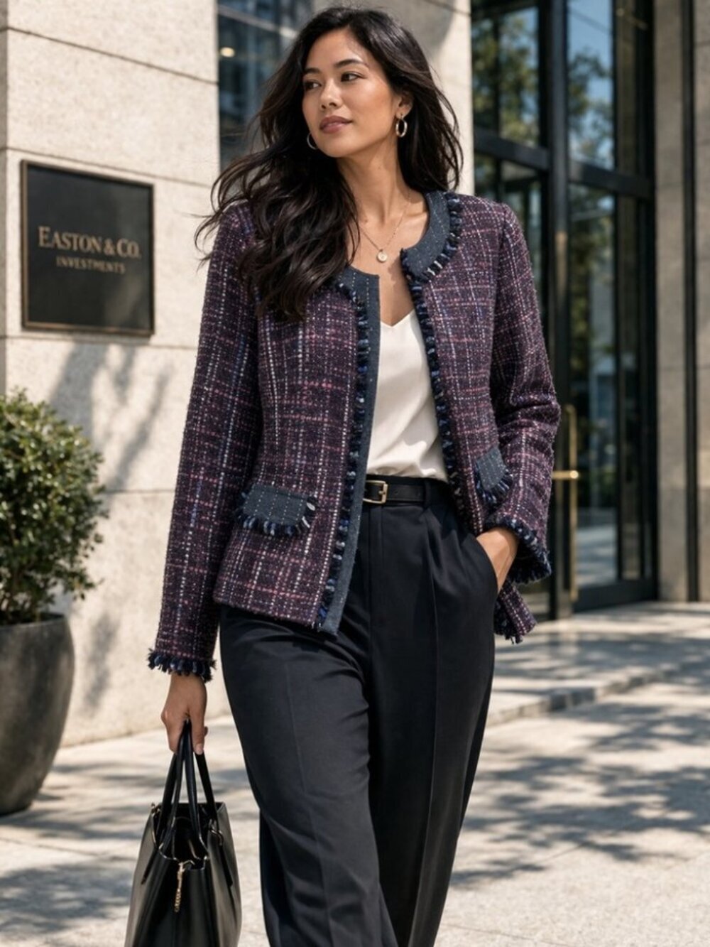 Trina Turk Tweed Jacket Multicolor Fringe Size 12 Career Chic Blazer Quiet Luxe